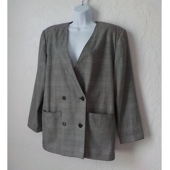 Vintage Alto Plaid Black White Blazer Button Up Women size 11/12 Shoulder Pads - Picture 3 of 11